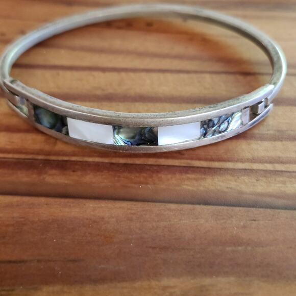 5 Vtg Taxco Mexico Sterling Silver Mother of Pearl Inlay Hinged Cuff Bracelet - Picture 2 of 15